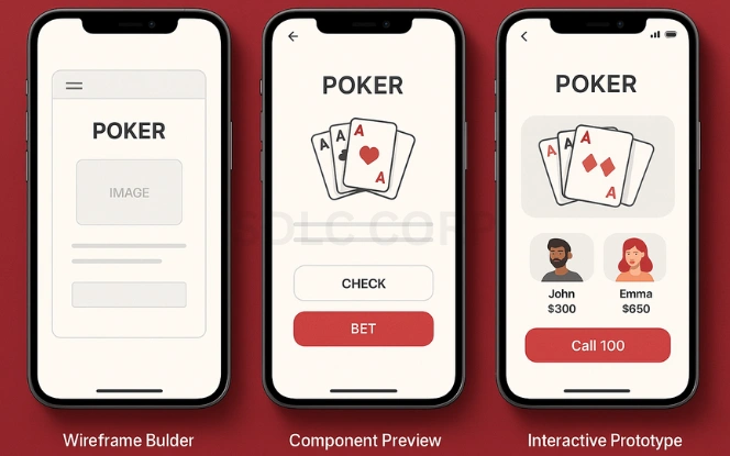 Three mobile screens displaying the poker app design phase: wireframe builder with layout blocks, UI component preview with buttons and card elements, and an interactive prototype with avatars and gameplay elements, all styled in light theme over a red background
