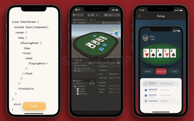 Three mobile screens showing poker app development stages: code preview in a white background IDE, Unity game engine with 3D chip placement, and a live poker game simulation in debug mode, all set against a red background