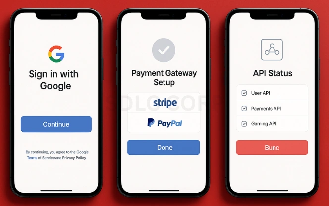 Three mobile screens showing poker app integration interfaces: Google sign-in screen, payment gateway setup with Stripe and PayPal, and API status dashboard, all presented in light UI theme on a red background