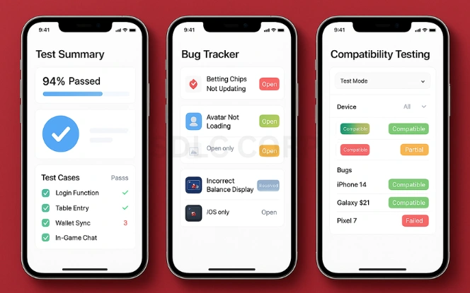 Three mobile screens displaying poker app testing workflows: test summary page with green and red pass marks, bug tracker with screenshot logs, and compatibility testing dashboard across multiple devices, all in light UI on a red background