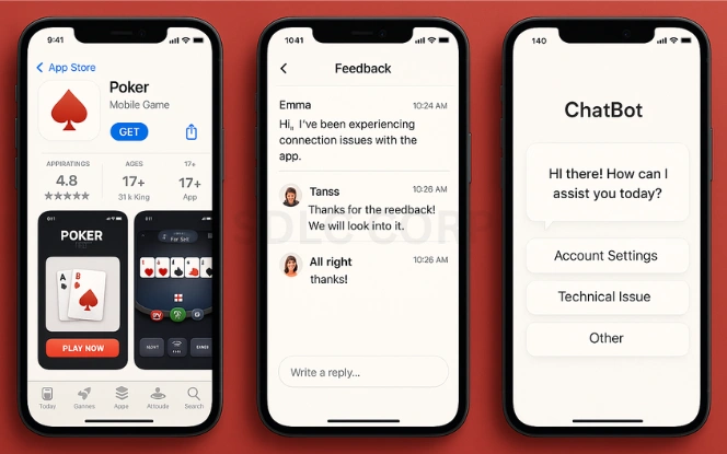 Three mobile screens showing poker app launch and support stages: app store listing preview with ratings, user feedback panel with message threads, and a chatbot UI for customer support, all in a clean light interface against a red background