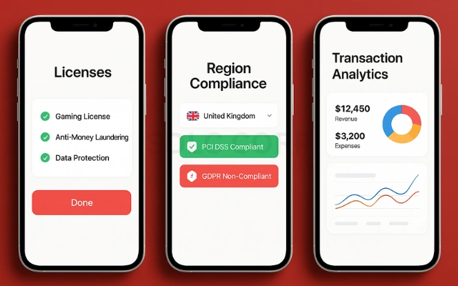 Three mobile screens displaying cost-related interfaces for building a real-money poker app: license checklist, region-specific compliance screen, and transaction analytics with colorful graphs and pie charts, all in a light UI set against a red background