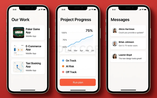 Three mobile screens showing agency-client collaboration for poker app development: project portfolio with app previews, progress graph tracking milestones, and client communication dashboard, all in a clean light UI against a red background