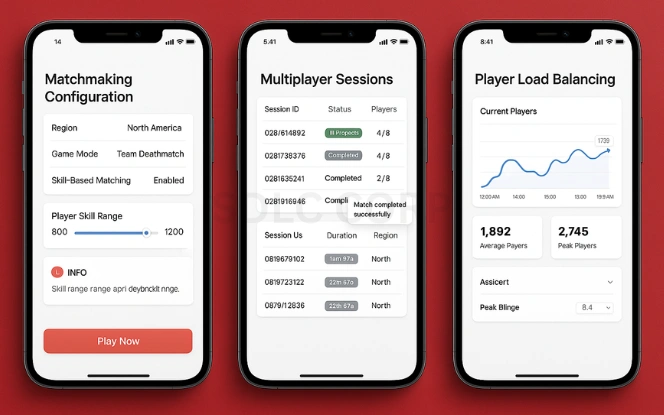 Three mobile screens displaying technical considerations for online poker game development: matchmaking configuration settings, multiplayer session logs, and player load balancing metrics, all shown in white dashboards with overlays and tooltips on a red background
