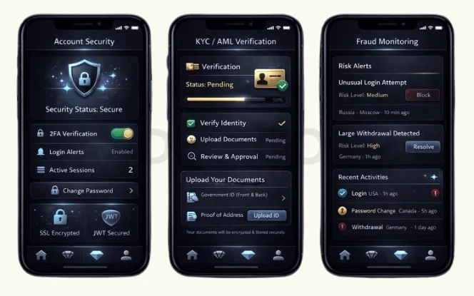 Crypto casino app security KYC AML 2FA mobile screens