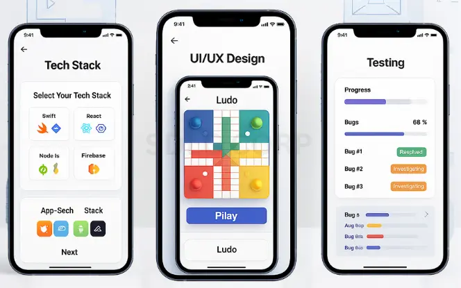Development Roadmap for Ludo App Three UI screens showing the development process: tech stack selection interface, UI/UX wireframe tool, and a backend testing screen with bug tracking logs.