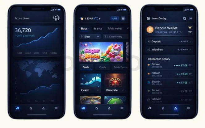 crypto casino app opportunity like BC.Game showing user growth game lobby and bitcoin wallet integration