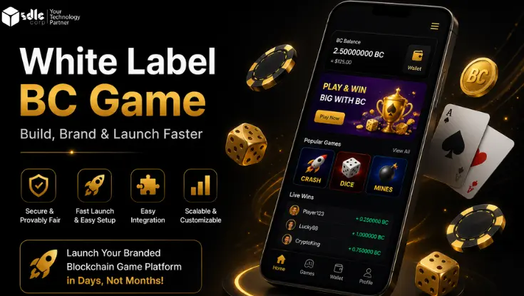 White Label BC Game platform banner with mobile casino app, gaming elements, and luxury dark theme.
