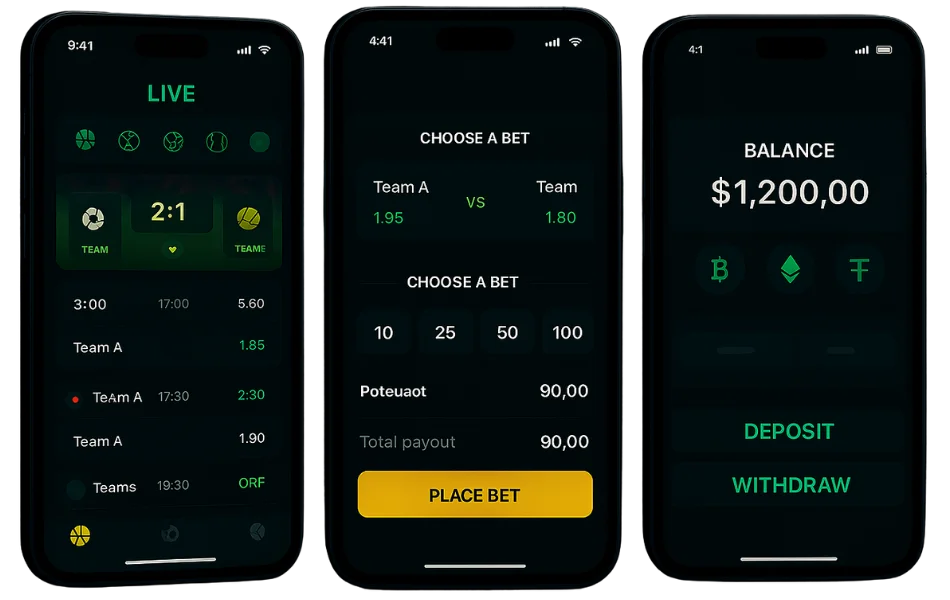 Crypto sports betting app screens showing live betting, bet placement, and wallet balance.
