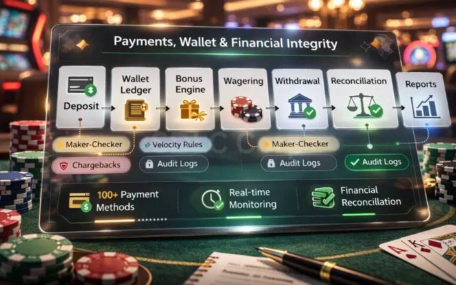 Casino poker payment flow with wallet ledger, withdrawal controls, reconciliation, and audit logs.