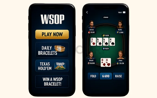 World Series of Poker (WSOP) app interface featuring professional poker tournaments, Texas Hold’em gameplay, and live multiplayer tables