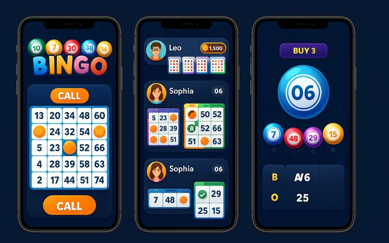 Illustration showing players engaging with a Bingo game app on mobile devices, highlighting the benefits of investing in Bingo game development.”