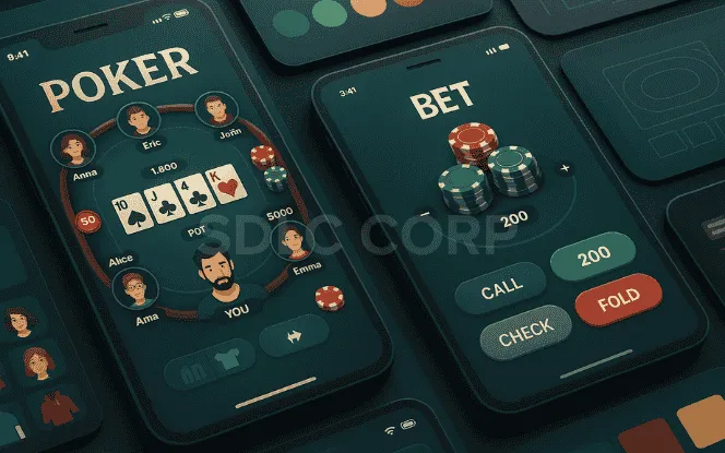 Multiple poker app UI screens showcasing avatar selection, poker tables, and betting interfaces arranged in a clean design-focused layout.
