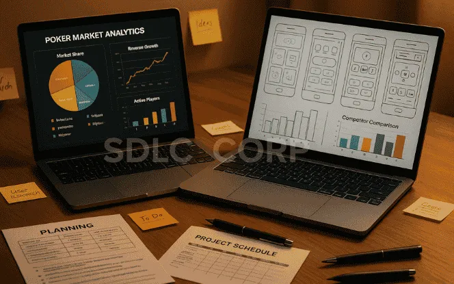 Digital workspace with poker app wireframes, market analytics charts, and competitor planning documents laid out on a modern tech desk.