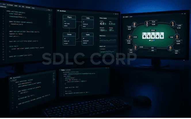 Developer workstation with poker game source code, backend server diagrams, and a real-time multiplayer preview displayed across multiple monitors.