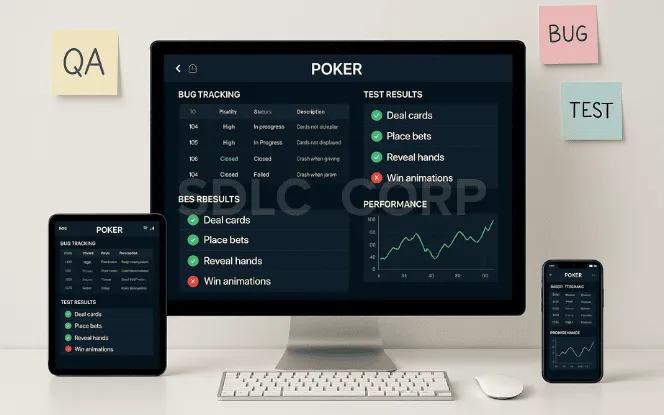 Poker app being tested on multiple devices with bug reports, performance analytics, and test result dashboards shown on various screens.