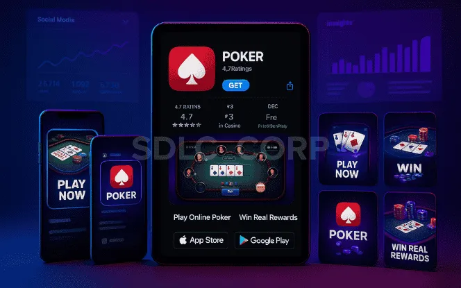 Mobile poker app featured on an app store interface surrounded by promotional assets, ad campaign previews, and post-launch analytics tools.