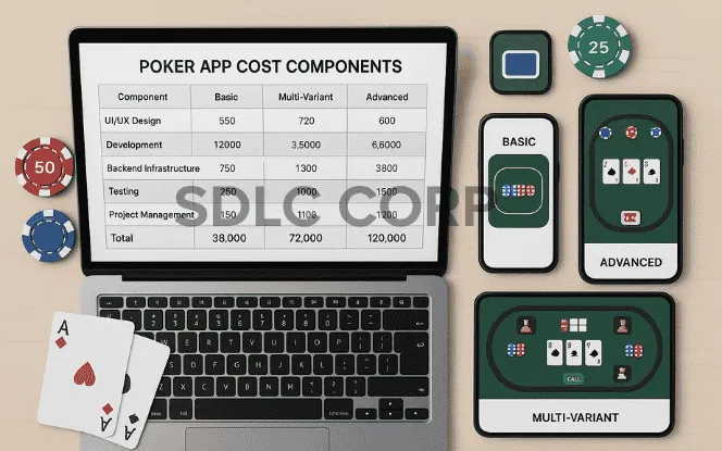 Spreadsheet view of poker app development cost components alongside poker icons, design mockups, and budget planning visuals on a digital workspace.
