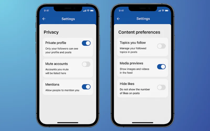 App settings screen showing privacy toggles and reply permission controls
