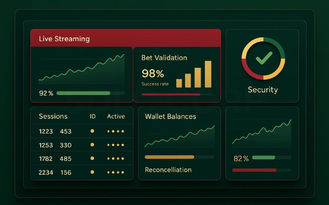 Core components of a live casino API visualized through system modules and performance metrics.