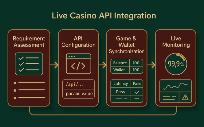 Live casino API integration workflow showing configuration synchronization testing and monitoring.