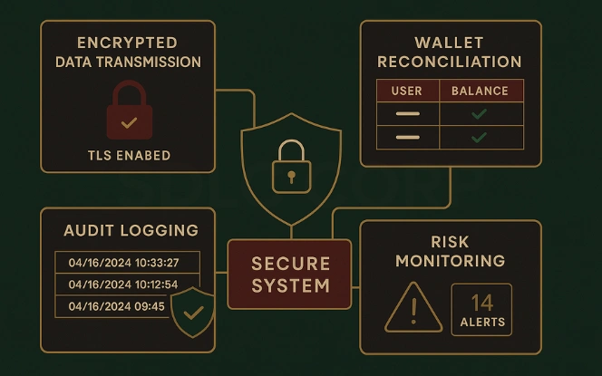 Security and compliance framework for live casino APIs with encryption and audit controls.