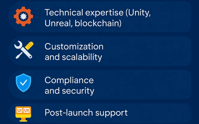 Key factors for poker game development expertise, customization, security, and support.