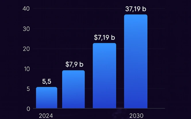Bar chart showing online poker market growth from 2024 to 2030 with rising values for PC, mobile, and global platforms.