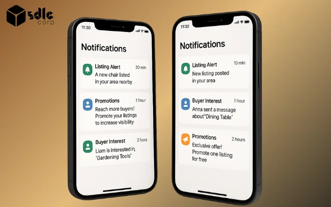 Two mobile screens displaying a professional notification interface with listing alerts, buyer interest messages, and promotional updates in a light theme marketplace app UI.