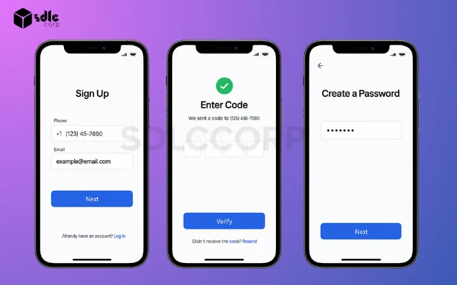 Three mobile screens showing user registration flow: phone/email signup form, OTP verification screen, and password creation screen for onboarding in a fintech app.
