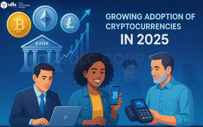 Visual representation of cryptocurrency adoption in 2025, showcasing both institutional and consumer use. The image includes symbols of Bitcoin, Ethereum, and Litecoin alongside financial institutions, banks, and consumers using crypto payment solutions via mobile wallets and apps. It emphasizes the growth of cryptocurrency in both the institutional and retail sectors.