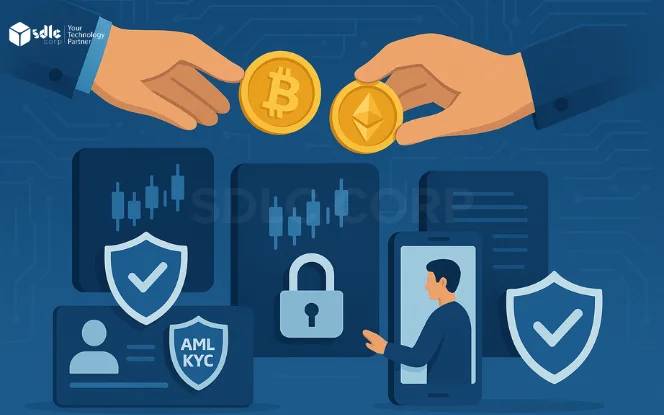 Illustration showcasing the role of regulatory clarity in cryptocurrency exchange development. The image highlights security and compliance features such as KYC/AML, tax regulations, and secure onboarding, reflecting the trustworthy and transparent nature of modern cryptocurrency exchanges.