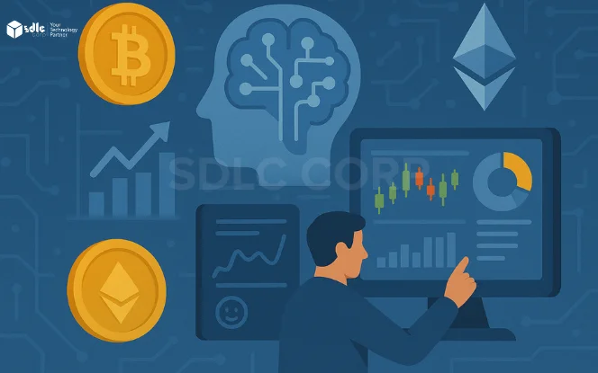 AI-powered automation in cryptocurrency trading platforms, showcasing real-time market analysis, predictive analytics, and automated trading strategies. The image features digital dashboards with cryptocurrency symbols and AI algorithms driving efficient, data-driven trade execution.