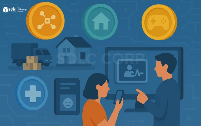 Illustration showing the real-world integration of cryptocurrency applications in industries like supply chain, real estate, healthcare, gaming, and media. The image includes blockchain tracking, tokenized property ownership, secure patient records, and cross-platform gaming economies, highlighting the widespread use of crypto beyond digital finance..