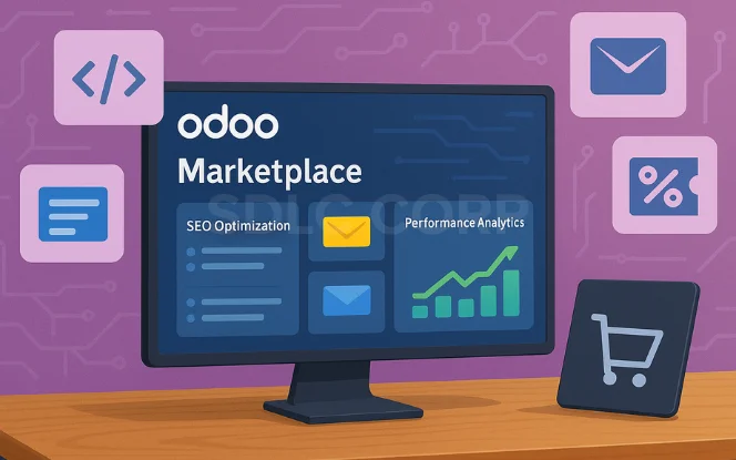 Visual representation of scaling and optimizing an Odoo marketplace, featuring Odoo's digital dashboard with analytics, SEO optimization tools, marketing automation (email campaigns, push notifications), and KPIs for tracking sales and vendor performance. The image emphasizes the growth and success of an e-commerce platform using Odoo.