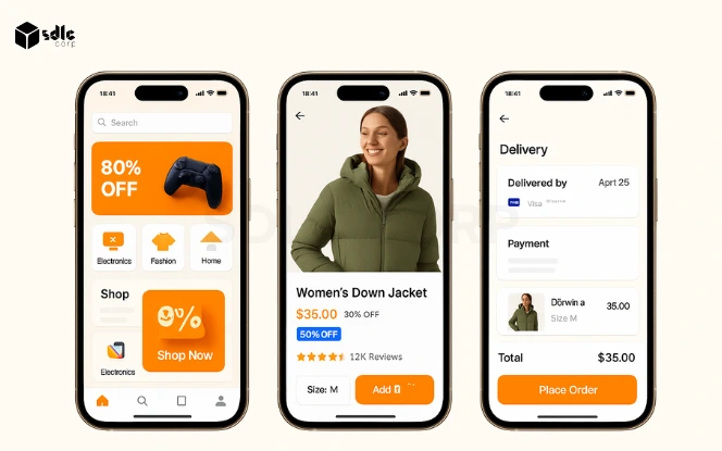 Three iPhone 16 Pro screens displaying Temu's addictive UI/UX elements including homepage, product detail, and checkout experience