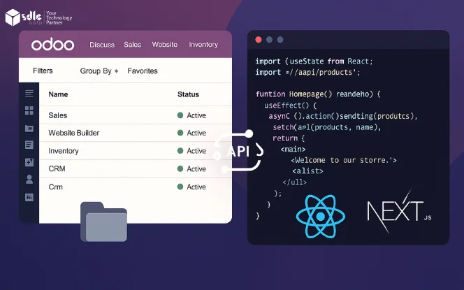 Split-screen setup of Odoo Headless E-Commerce showing Odoo backend with active modules on the left and React/Next.js frontend code with API integration on the right..