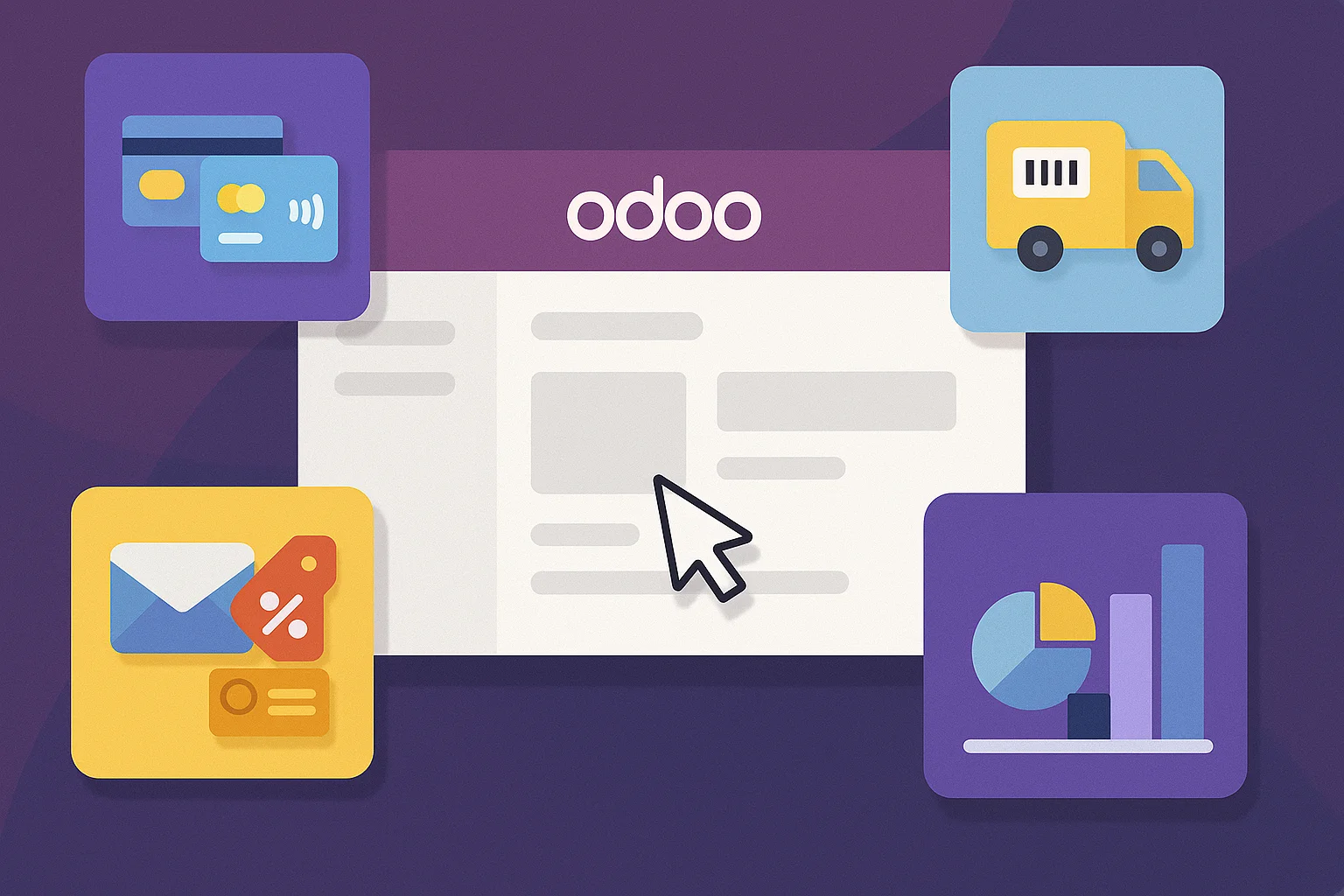 Illustration of Odoo dashboard with four surrounding icons symbolizing add-on functionalities: credit card payments, shipping logistics, marketing tools, and analytics charts, all set against a purple background..
