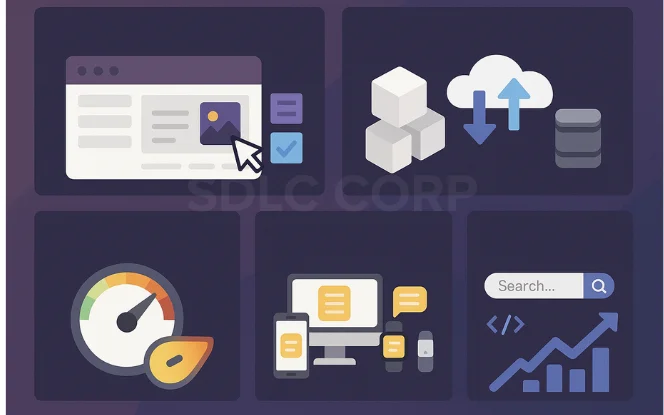 Infographic-style illustration displaying five visual icons representing key advantages of Odoo Headless E-Commerce: customizable UI, scalable cloud architecture, performance optimization with a speed gauge, multi-device omnichannel delivery, and SEO enhancements with search and analytics symbols.