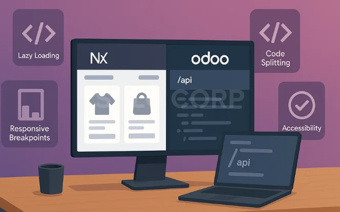 Modern developer workspace with a widescreen monitor showing a split-screen React/Next.js storefront and Odoo backend dashboard, surrounded by icons for lazy loading, code splitting, responsive breakpoints, and accessibility, all set against a purple gradient background.