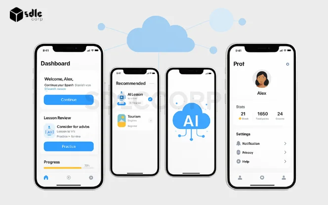 Dashboard and recommendation UI showing AI-integrated learning suggestions, user stats, and app scalability capabilities