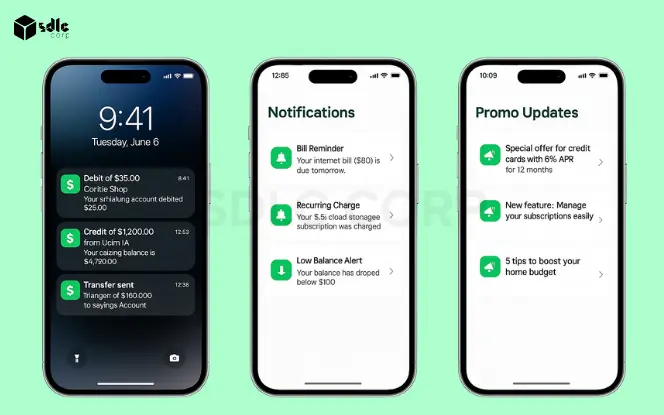 Three iPhone 16 Pro screens showing real-time push notifications for transactions, low balance alerts, and spending summaries on a banking app.