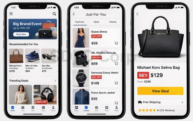 Mobile eCommerce app interface showing a personalized product feed, curated deals, and a product detail screen with pricing, discounts, and user ratings