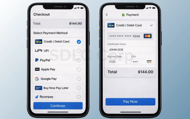 Mobile eCommerce checkout screen showing multiple payment options including credit and debit cards, UPI, PayPal, Apple Pay, Google Pay, BNPL, and Razorpay