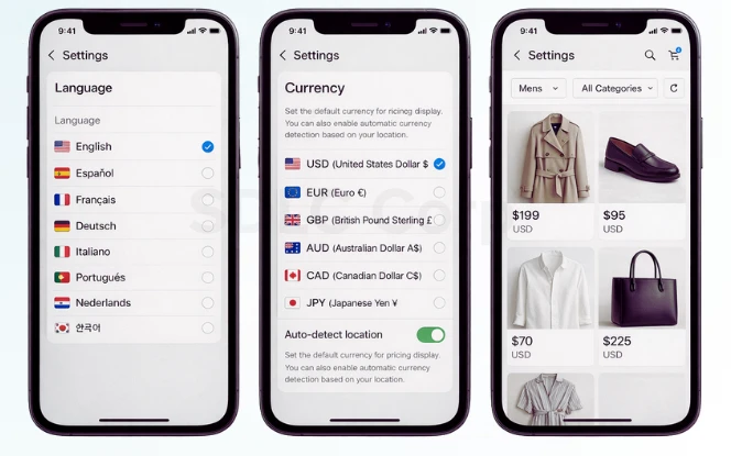 Mobile app screens showing language selection, currency settings, and localized product prices for a global eCommerce platform.