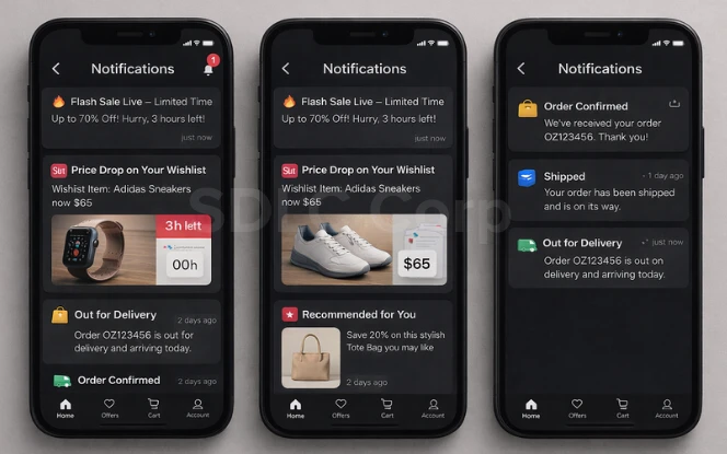 Three mobile screens showing eCommerce push notifications for flash sales, price drops, personalized offers, and order status updates in a modern shopping app.