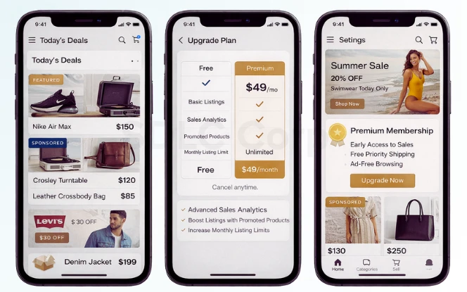Mobile eCommerce screens showing featured product listings, seller subscription plans, and premium membership monetization options.