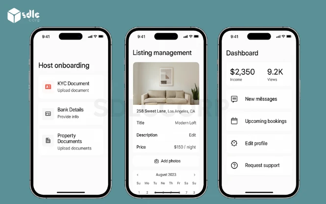 Three iPhone 16 Pro screens showing host-side features of an Airbnb-style app: property search, listing details with pricing, and a host dashboard with earnings and availability calendar.