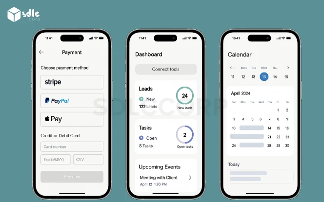 Three mobile screens illustrating platform integrations: Stripe, PayPal, and Apple Pay for payments; Salesforce and Zendesk for CRM; and Google Calendar sync toggle interface.