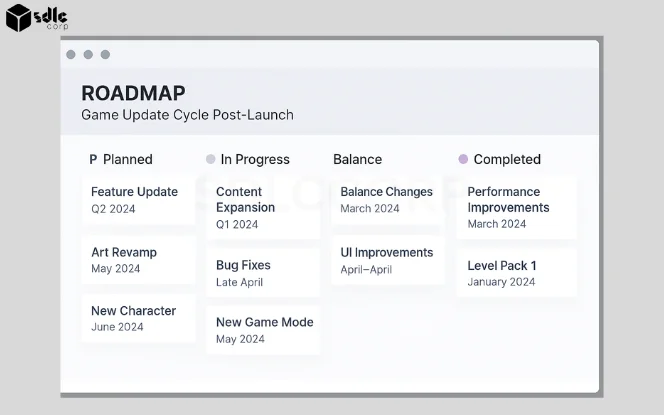Dashboard view of a post-launch game update roadmap showing feature updates, bug fixes, UI improvements, and content expansion milestones